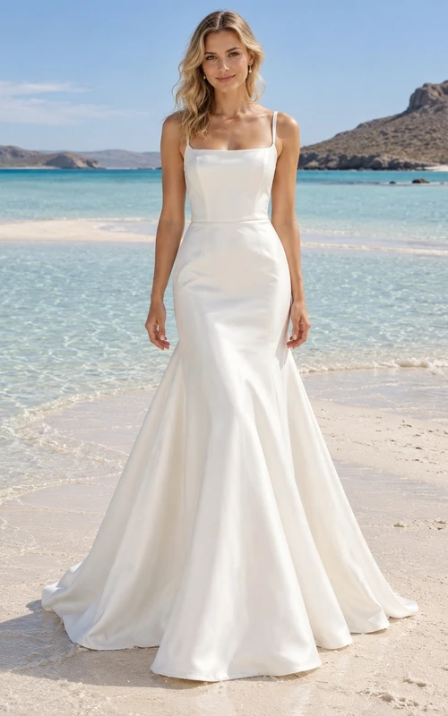 Brautkleid aus Satin mit eckigem Ausschnitt, gekreuzten Trägern am Rücken und Meerjungfrauenschnitt