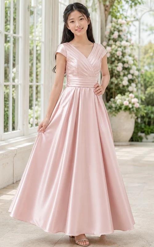 Elegantes, rosafarbenes, kurzärmeliges, bodenlanges A-Linien-Brautjungfernkleid aus Satin mit V-Ausschnitt und V-Ausschnitt