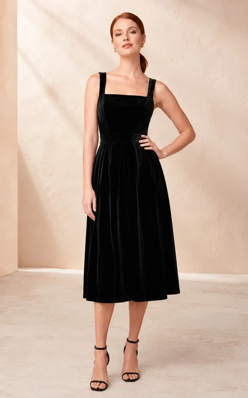 Robe midi en velours noir pour les fêtes de fin d'année, avec encolure carrée droite, corsage ajusté, taille naturelle et jupe plissée.