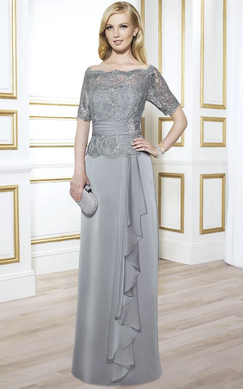 Vestido formal de gasa de manga corta con escote barco y apliques