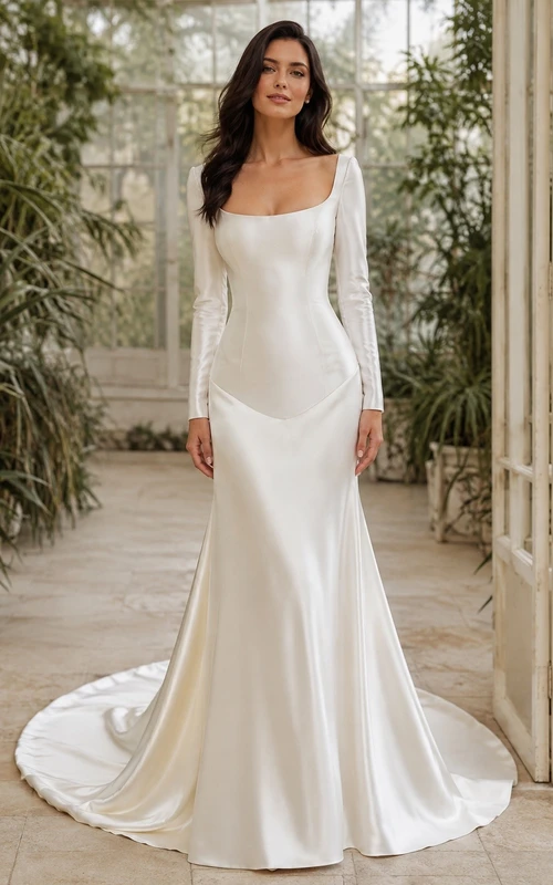Vestido de novia modesto de manga larga, escote cuadrado y cintura baja curvada