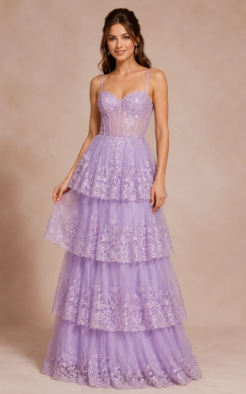 Lavender Spaghetti Strap Tiered Lace Tulle Prom Dress with Corset Back