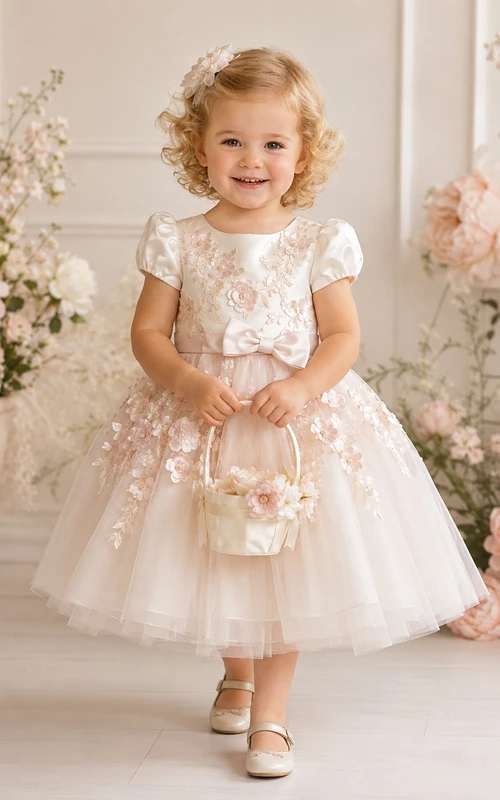 Blush Ivory Flower Girl Dress Tea-Length A-Line Satin Puff Sleeve Floral Applique Tulle Bow