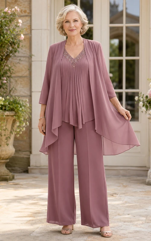 Vintage-Hosenanzug in Mauve-Tönen, schmeichelhaft für die Apfelfigur, romantisches Design, weites Bein, plissierter V-Ausschnitt, Dreiviertel-Schnitt, asymmetrische Tunika, bodenlange Hose