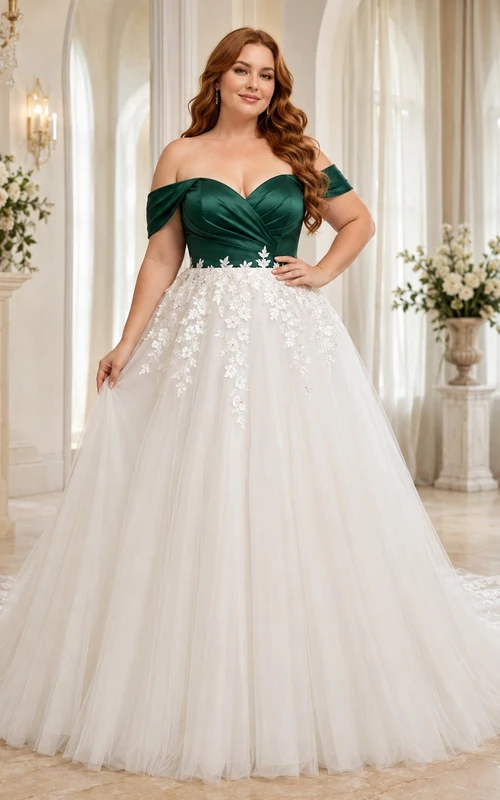 Emerald Floral Plus Size Bridal Ball Gown Off-the-shoulder Short Sleeve Sweep Train Romantic Gown