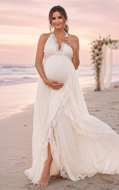 Vestido de novia de playa con escote halter y abertura frontal para embarazadas