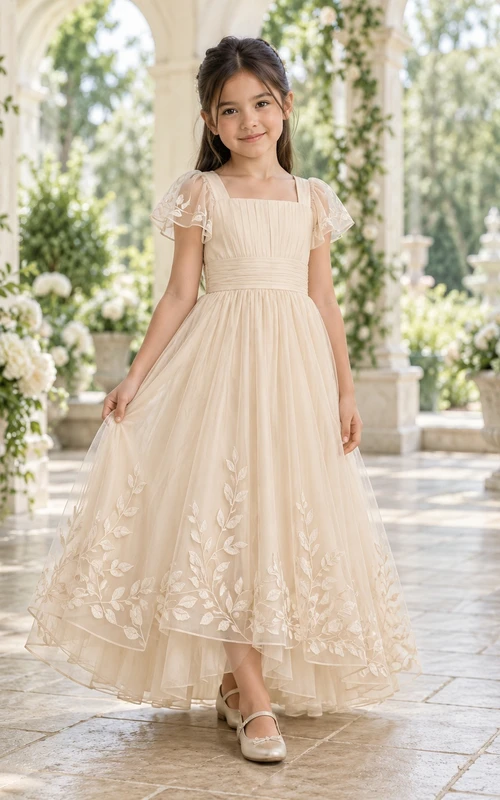 Square-Neck Champagne Floral A-line Tulle Lace-sleeve Ankle-length Bordered Flower Girl Dress