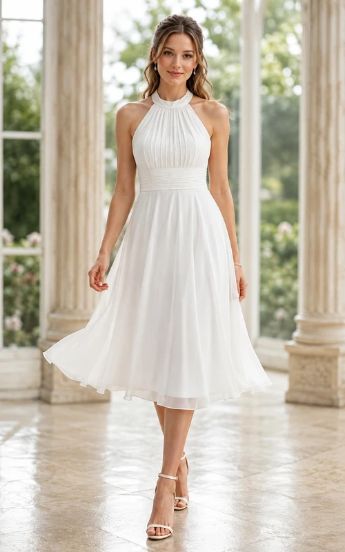 Civil High Neck Halter Pleated Chiffon Tea-Length A-Line Wedding Dress