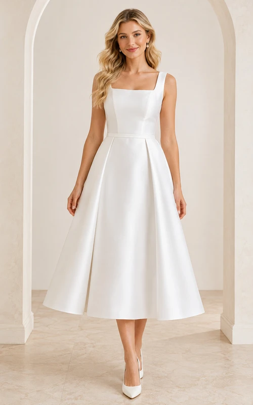 Robe de mariée civile vintage plissée en satin à fines bretelles carrées, longueur thé