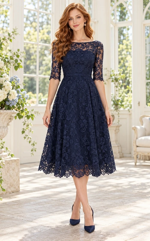Tea-length Navy Bateau Half Sleeve Floral Lace Wedding Guest Dress