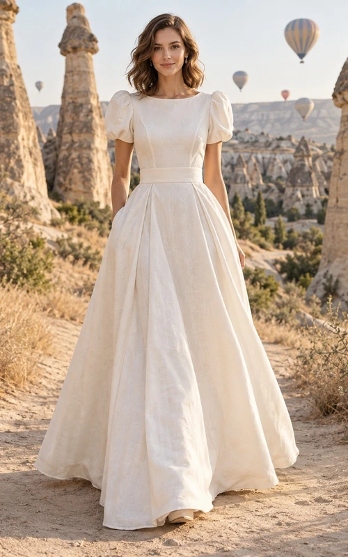 Vestido de novia sencillo y modesto de corte A con escote barco y mangas cortas abullonadas