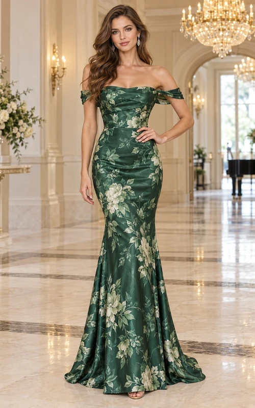 Dark Green Floral Print Off Shoulder Short Sleeve Satin Floor Length Mermaid Trumpet Guest Dress