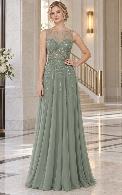 Vestido largo de dama de honor vintage color verde salvia, corte A, estilo barco, sin mangas, con escote ilusión, escote corazón y detalles de cuentas.