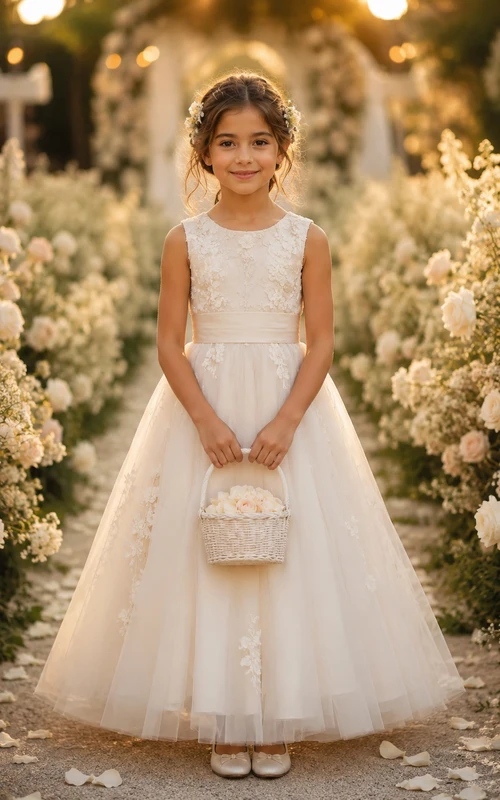 A-line Floor Length Sleeveless Tulle Lace Flower Girl Dress with Ivory lace bodice and full tulle flower girl skirt