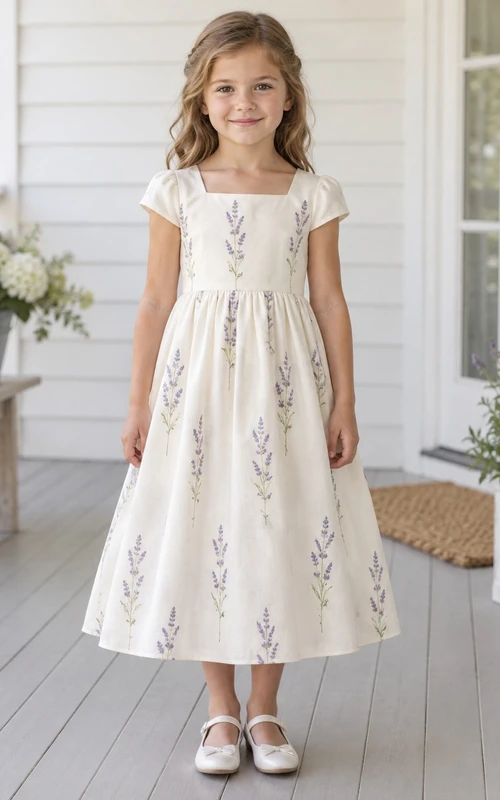 Schlichtes, dezentes elfenbeinfarbenes, teelanges Blumenmädchenkleid mit eckigem Ausschnitt, kurzen Flügelärmeln und Lavendelzweigmuster, gerafftem A-Linien-Schnitt.