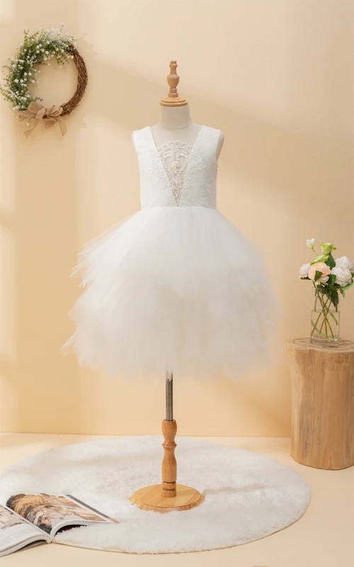 Vestido corto de tul sin mangas con volantes y escote pronunciado para niña de las flores
