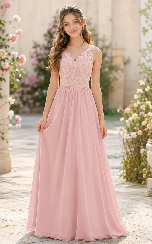 Elegantes, rosafarbenes Brautjungfernkleid im A-Linien-Stil mit Muschelsaum, ärmellos, aus Chiffon und Spitze