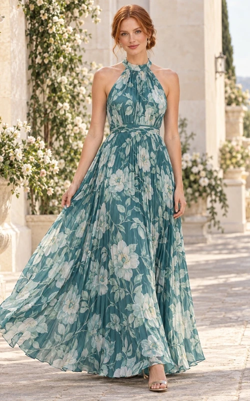 Peacock Teal Floral Print A-Line Halter Neck Sleeveless Pleated Guest Dress