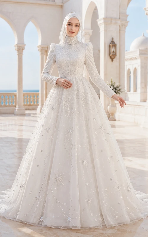 Vestido de novia musulmán modesto de manga larga con diseño de estrella celestial y terraza