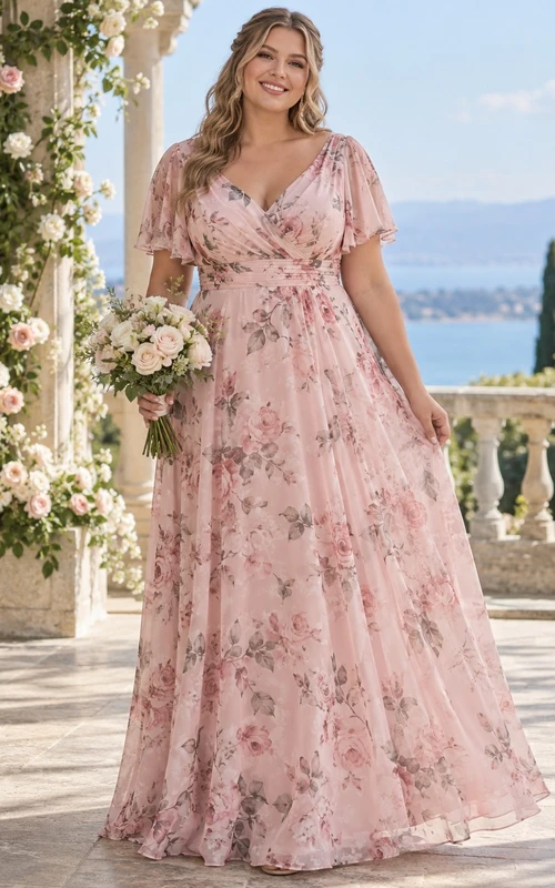 Vestido de dama de honor de gasa rosa con estampado floral, mangas con volantes, escote en V y largo hasta el suelo, talla grande.