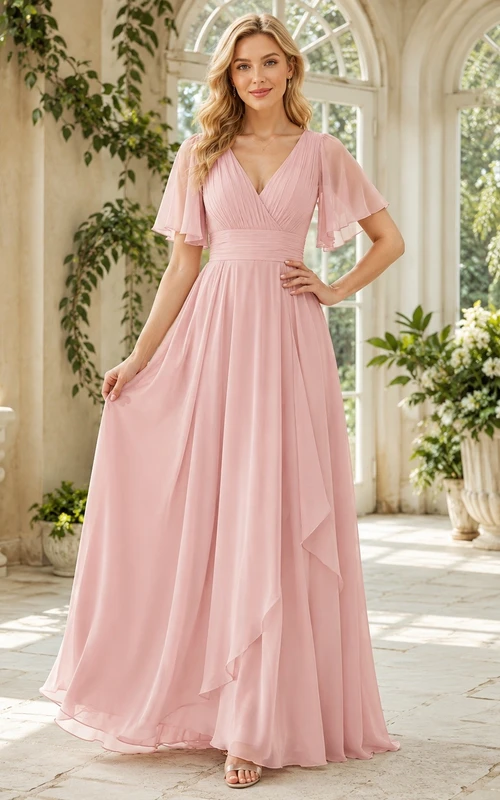 Formelles, bodenlanges Chiffonkleid mit V-Ausschnitt, flatternden Ärmeln und drapiertem A-Linien-Schnitt