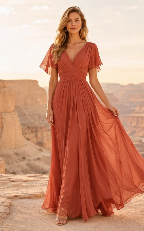 Terracotta V-neck flutter sleeve desert wedding guest chiffon gown