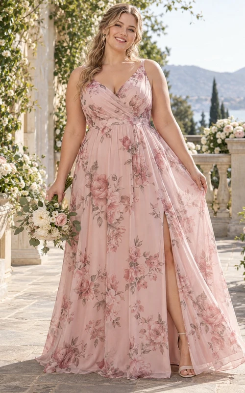 Vestido de dama de honor largo hasta el suelo, de corte A, sin mangas, con escote en V y abertura lateral, color rosa con estampado floral, talla grande.
