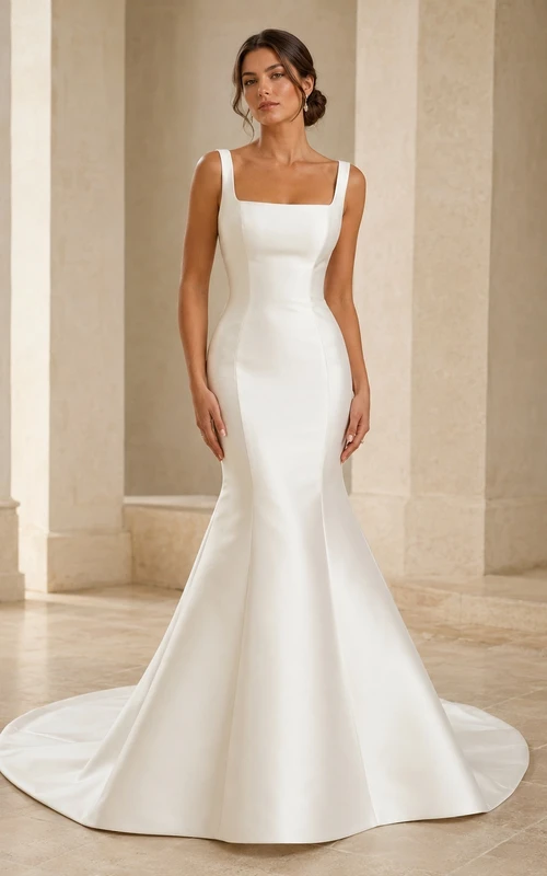 Simple Square Neck Wide Strap Satin Mermaid Court Train Trouwjurken Wedding Dress