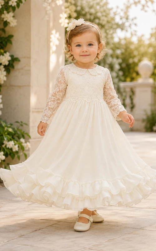 Robe de baptême pour bébé, coupe trapèze, manches longues en dentelle, ourlet volanté, longueur thé, pudique