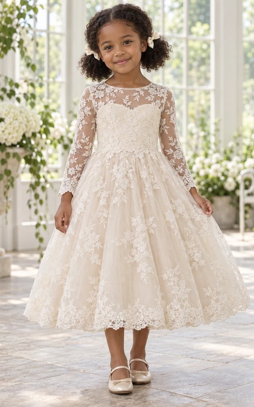 Vestido de niña de flores de manga larga, estilo modesto, color marfil, con estampado floral, corte en A y encaje festoneado.