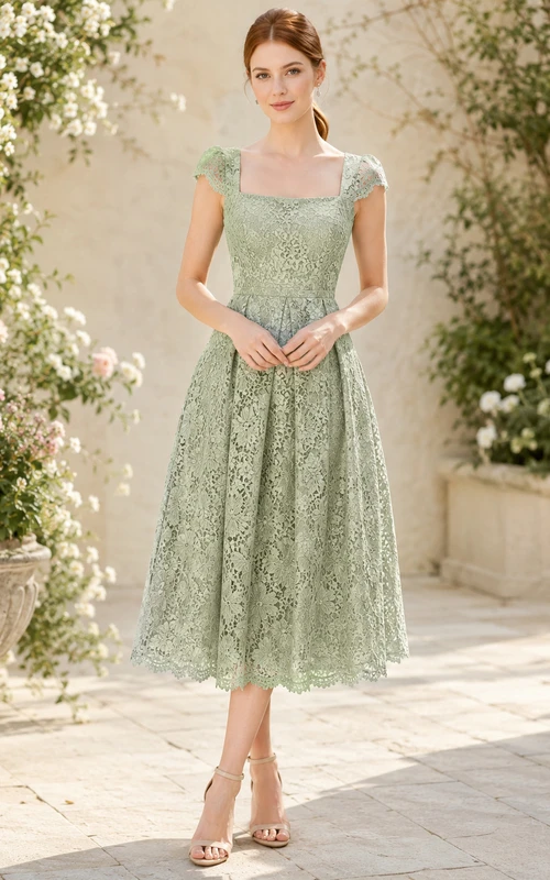Sage Bateau Lace A-Line Tea-Length Dress