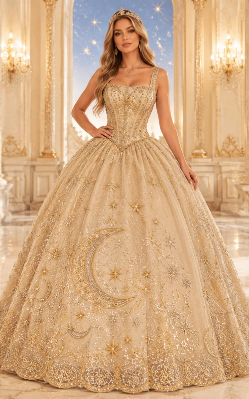 Vestido de baile de princesa para quinceañera con tirantes celestiales color oro champán y escote cuadrado con luna y estrella