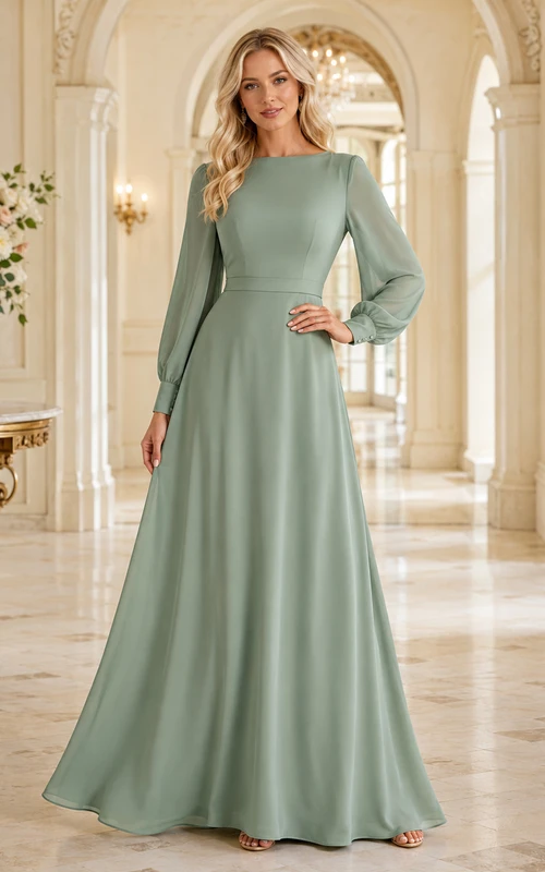 Sage High Neck Long Sleeve Chiffon Formal Dress