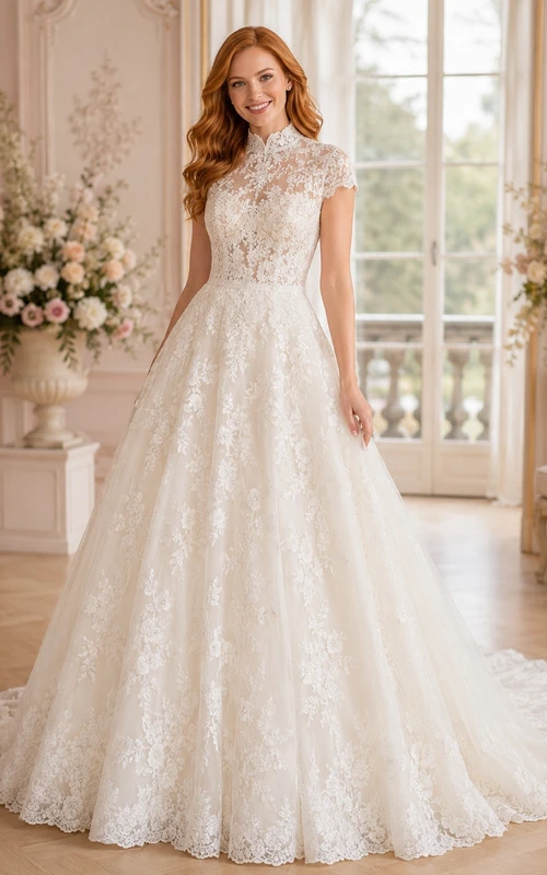 Vestido de novia de encaje con mangas cortas, cuello alto y corte en A, de estilo sencillo y estampado floral.