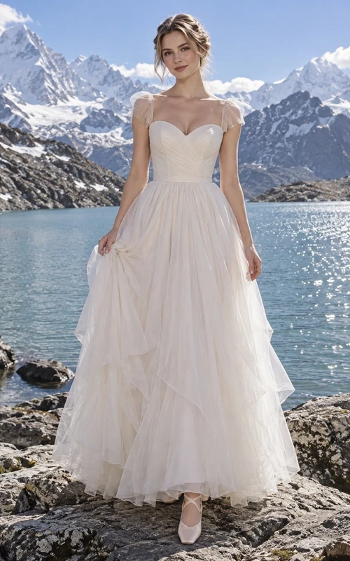 Schlichtes Brautkleid aus asymmetrischem, gestuftem Tüll mit herzförmigem Dekolleté und Illusionsärmeln