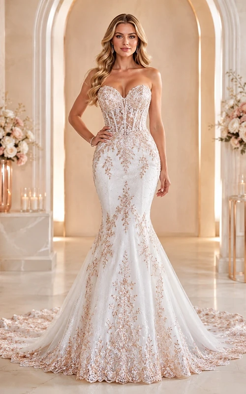 Roségoldenes Meerjungfrauen-/Trompeten-Brautkleid mit Herzausschnitt, ärmellos, bodenlang, mit Schleppe – ein luxuriöses Kleid