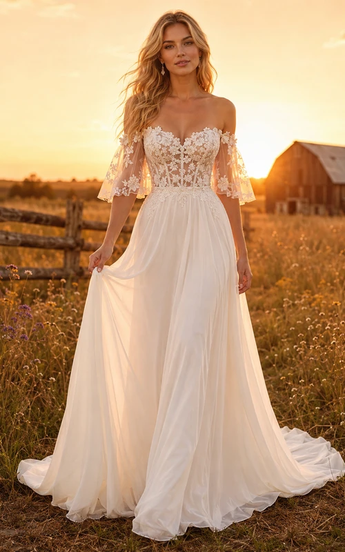 Robe de mariée champêtre en tulle, coupe trapèze, épaules dénudées, manches bouffantes, traîne chapelle, dos corset lacé