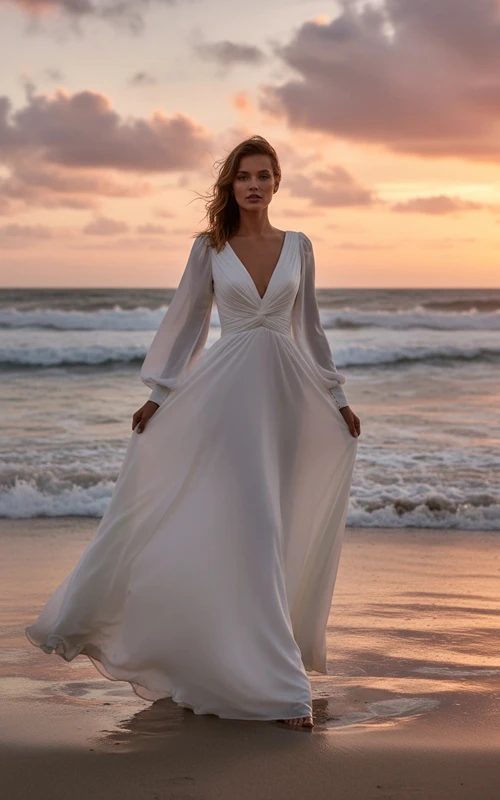 Vestido de novia de gasa de manga larga con escote en V profundo