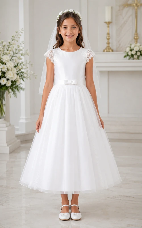 Weißes, teelanges A-Linien-Kleid aus Tüll für Blumenmädchen mit floralen Details und Schleifenschärpe