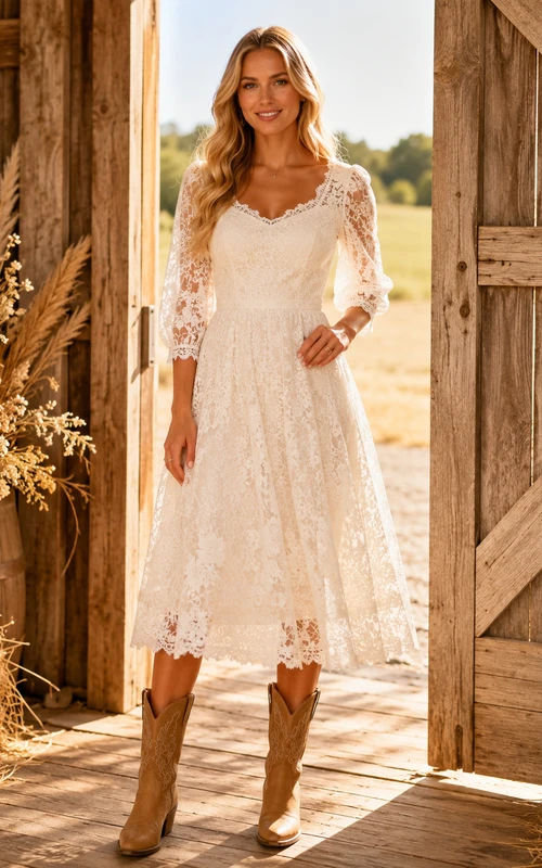 Vestido midi de encaje color marfil con escote en V y manga larga para bodas campestres