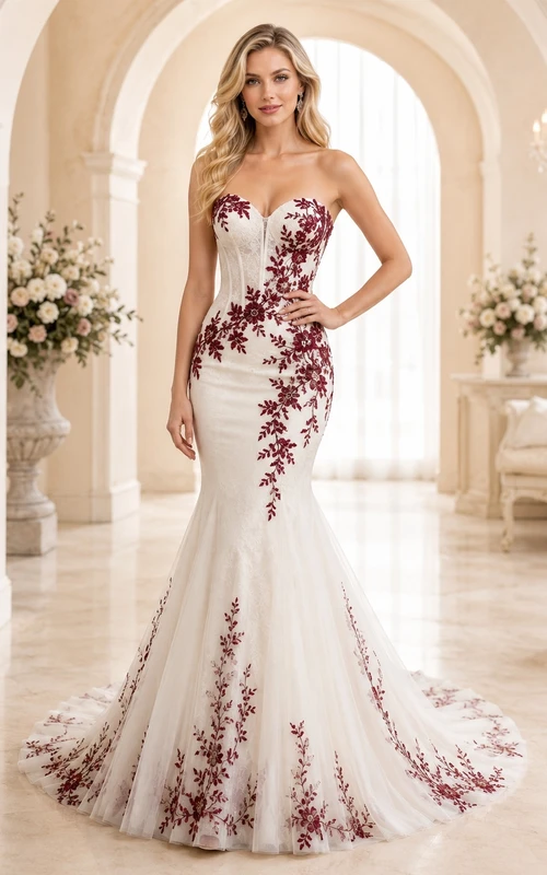 Elegantes, burgunderrotes, trägerloses Brautkleid mit Herzausschnitt, bestickter Spitze und Meerjungfrauen-Schleppe