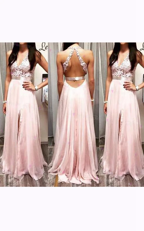 Maxikleid aus Chiffon mit V-Ausschnitt, Schlüssellochausschnitt und Applikationen