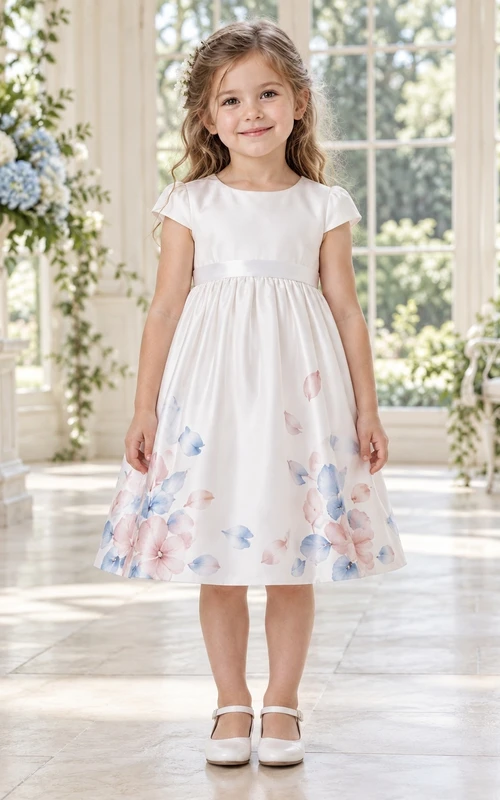 Tea-length White Floral Jewel Neck Cap Sleeve Watercolor Satin Flower Girl Dress