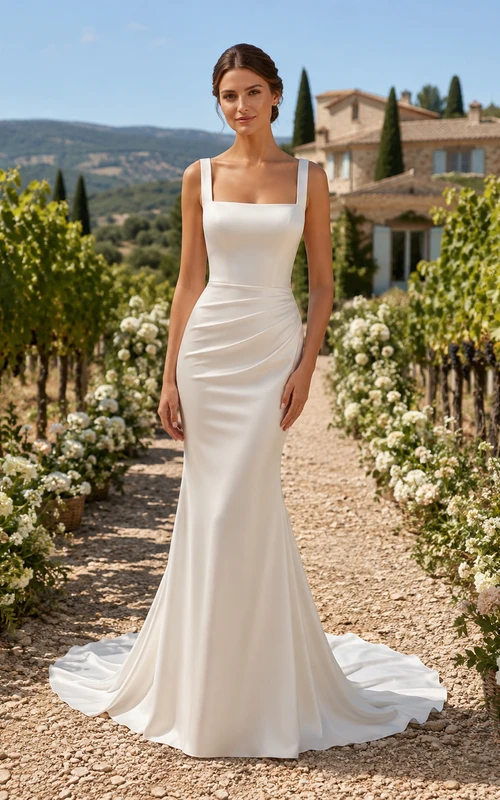 Robe de mariée sirène moderne en satin à bretelles carrées et dos boutonné, style sirène, pour une destination de mariage