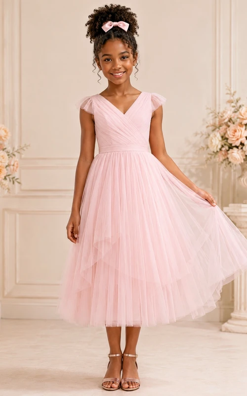 Vestido de dama de honor juvenil rosa caramelo, corte en A, largo hasta la rodilla, escote en V, sin mangas, falda plisada, romántico.