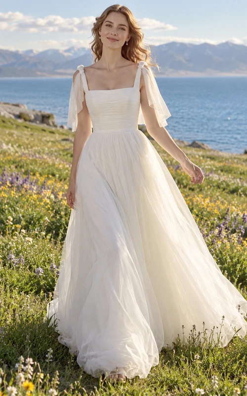 Vestido de novia sencillo de tul con escote cuadrado y mangas cortas con abertura