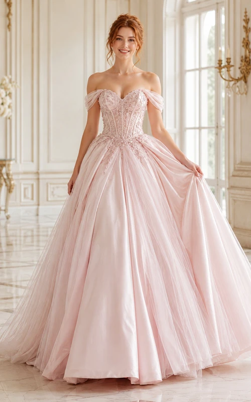 Vestido de novia de gala de satén rosa palo con corsé floral y hombros descubiertos para capilla