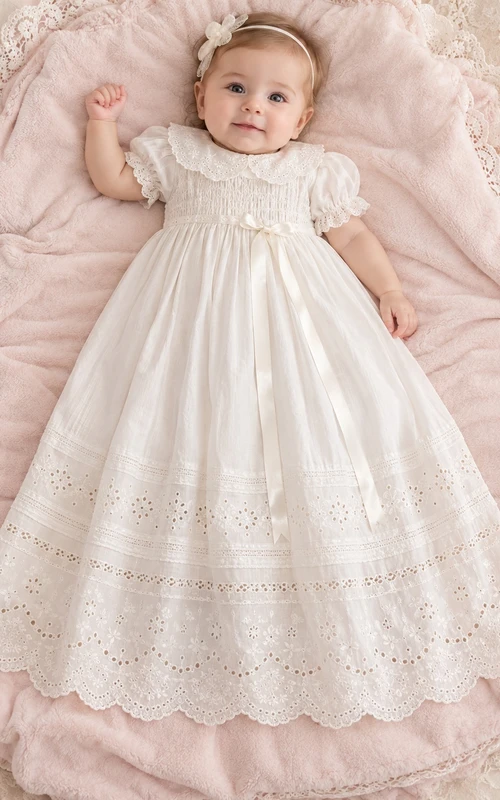 Ivory Lace Collar Puff Sleeve Smocked Eyelet Baby Baptism Gown