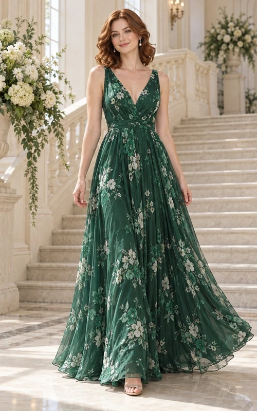 Dark Green Floral Print V Neck Sleeveless Chiffon Floor Length A Line Guest Dress