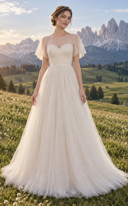Vestido de novia romántico de corte A con escote joya, tul, mangas cortas y cola larga.